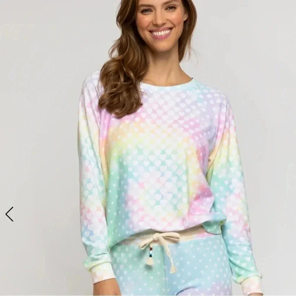 Anthro SOL Angeles heart print tie dye knit cozy soft pullover sweatshirt - Picture 1 of 7